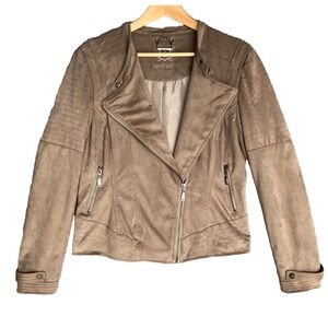 Odyn Brown Velvet Moto Jacket Vegan Suede Womens M Full Zip Stretch Blazer EUC